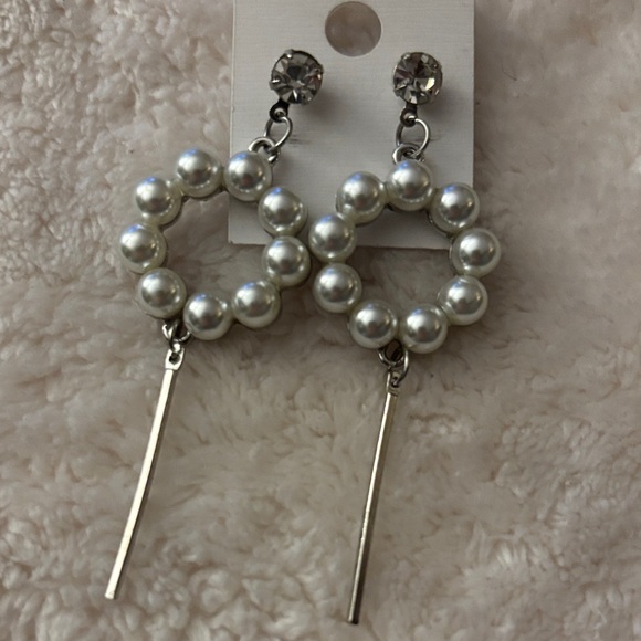 Jewelry - Pearl Hoop Drop Earrings - White Faux Pearl and Silver